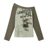 Tineit Y2k Off Shoulder T-shirt Grunge Aesthetics Graffiti Print Long Sleeve Tee Shirt Vintage Harajuku Streetwear 90s Gothic