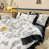 Tineit Ink Style A-class Skin Friendly Washed Cotton Four Piece Set With Lotus Leaf Lace Bedding, Bedsheet, Duvet Cover, Single Bed