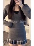 Tineit Fashion Vintage V-neck Knitted Tops Women 2025 Early Autumn New Sweaters Mujer Y2k Grunge Slim Fit Long Sleeve Pullovers