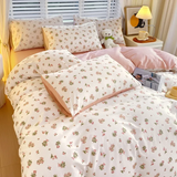 Tineit Korean Bedding Set Flowers PinK Blue Girls Boys Full Queen Size Duvet Cover Flat Sheet Pillowcase No Filler Home Bed Linens