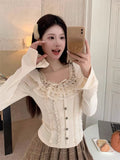 Tineit 2025 Winter Basic Elegant Lace Blouse Woman Outwear Long Sleeve Kawaii Slim Tops Casual Korean Fashion Pullover Woman Design