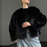 Tineit Leopard Print Faux Fur Short Coat Women Single Breasted O-neck Solid Furry Long Sleeve Jacket Fashion Plush 2025 Autumn Outwear