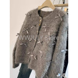 Tineit 2025 Autumn Winter Women Temperament High Soft Mohair Knitted Cardigan Fragrant Coat Casual Tops Korean Grey Bow Sweater