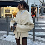 Tineit Elegant Woolen Coat With Belt Women Loose Lace Up V Neck Long Sleeve Female Jackets 2024 Autumn Lady Fashion Commute Overcoat