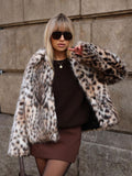 Tineit Woman Lapel Long Sleeves Side Pockets Casual Winter Jacket Women Coat Leopard Print Faux Fur Loose Slim Warm Coat Mujer Female