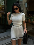 Tineit Knitted Sweater Pleated Skirt Sets Women Striped Short Sleeve Twist O-neck Pullover Mini High Waist Skirts Suits 2 Pieces Female