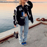 Tineit 2024 Fall Fashion Logo Graphic Color Block Moto Jacket