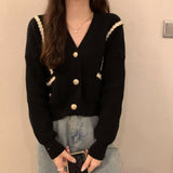 thanksgiving outfit Tineit Autumn Cropped Knitting Cardigans Women Y2K Fashion Chic V Neck Patchwork Outwear Korean Loose Single Breasted All Match Sweater