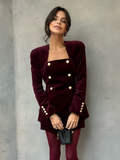 Tineit 2025 New Burgundy Women's Elegant Velvet Mini Skirt Set Chic Square Neck Metal Buttons Slim Tops Suit Lady Fashion Formal Outfit