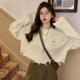 thanksgiving outfit Tineit Y2K Ripped Knitted Crop Sweater Women Autumn Fashion Long Sleeve Tassel Pullover Korean Loose Streetwear Hollow Out Chic Jumper