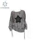 christmas outfit Tineit Women Grey Star T-Shirt Korean Y2k Torn T-Shirt 90s Fashion Vintage Tee Top Long Sleeve Emo 2000s Aesthetic T Shirts 2025 Autumn