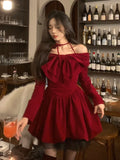 Tineit 2025 Winter Vintage Red Velvet Short Party Dress Woman Bow Elegant Y2k Mini Dress Lolita Kawaii One Piece Dress Korean Fashion