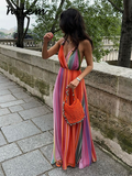 Tineit Fashion Colorful Striped Halter Maxi Dress Women Sexy V-neck Backless Lace Up Female Party Dresses 2024 Summer Lady Beach Robes