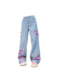 christmas outfit Tineit Women's Blue Butterfly Jeans Baggy Vintage Y2k Denim Trousers 2000s Harajuku Wide Leg Cowboy Pants Trashy 90s Aesthetic Clothes