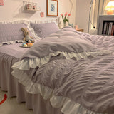 Tineit Pink Ruffled Seersucker Duvet Cover Set 3/4pcs Soft Lightweight Down Alternative Grey Bedding  with Bed Skirt and Pillowcases