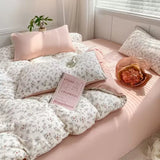 Tineit Romantic Tulip Pink Bedding Set Bed Flat Sheet Pillowcase Twin Full Queen Princess Style Bed Linen Kids Girls Floral Duvet Cover