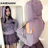 Tineit Y2k Millennium Purple Striped Long Sleeve T-shirt Girl Spring Design Niche Spicy Girl Hooded Slim Fit Rabbit Ear Tops