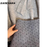 Tineit Japanese Shibuya Grey Sweater Paired Polka Dot Mini Skirt Winter Korean Sweet Spicy Streetwear Y2k 2 Piece Sets Платье