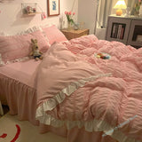 Tineit Pink Ruffled Seersucker Duvet Cover Set 3/4pcs Soft Lightweight Down Alternative Grey Bedding Set with Bed Skirt and Pillowcases