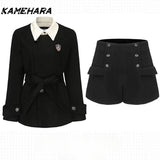 Tineit Japanese Shibuya Streetwear Black Suit Jacket for Women Autumn Winter Small Waist College Style High-end Two-piece Sets