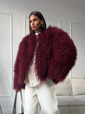 Tineit New Fashion Burgundy Oversized Fluffy Faux Fur Coat 2024 Chic Women O-neck Long Sleeved Warm Jacket Winter Lady Loose Streetwear