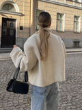 Tineit White Fashion Zipper Lamb Wool Jacket For Women Chic Lapel Long Sleeve Loose Cropped Coat Female Fall Winter Casual Outwear 2024