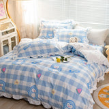 Tineit Cute Bear Printed Bedding Set Ins Solid Color Linen And Duvet Cover With Pillowcases Single Double Full Size For Kids Adults