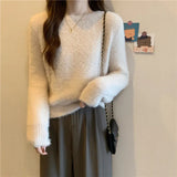 thanksgiving outfit Tineit Autumn Winter Knitted Sweater Women Fashion Korean Hairy Loose Long Sleeve All Match Pullover Sweaters Solid O Neck Warm Jumper