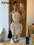 Tineit Sexy Crochet Floral Hollow Out Long Dress Women Halter Backless Lace Up Female Beach Dresses 2024 Summer Lady Holiday Party Robe