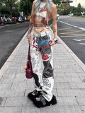 christmas outfit Tineit Women's White Baggy Graffiti Print Jeans Harajuku Denim Trousers Japanese 2000s Style Y2k Vintage Jean Pants Emo Trashy Clothes