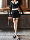 Tineit 2025 Autumn Vintage Black 2 Piece Set Skirt Casual Sweater Tops + Sexy Bodycon Mini Skirt Korean Fashion Knitted Suit Woman Slim