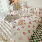 Tineit Ins Princess Bedding Set No Filler Floral Korean Ruffles Duvet Cover Pillowcase Bedskirt Single Queen Size Home Decor Bedspread