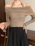 Tineit Solid Halter Ruched Cold Shoulder Sweater