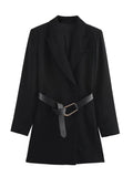 Tineit Elegant Long Blazer Coat Women Belts Single Breasted Black Notched Long Sleeve Pocket Suit Jacket Female 2025 Spring Street Top