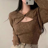 thanksgiving outfit Tineit Knitted Sweater Two-Piece Set Women Fall Sexy Camis Shawl Chic Harajuku Solid Slim High Street Jumpers One Button Skinny Shirt