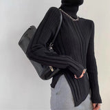 thanksgiving outfit Tineit Zoki Autumn Warm Turtleneck Knit Sweater Women Fashion Split Irregular Slim Chic Pullover Korean Thick Solid All Match Jumpers