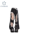 christmas outfit Tineit 2025 Black Jeans Pants Y2k Baggy Streetwear High Waist Ripped Jeans Harajuku Casual Denim Wide Leg Pants Fashion Trousers Summer