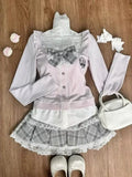 Tineit Woman Japanese Kawaii Preppy Style Skirt Sets Sweet Lace Patchwork Bow Tops Y2k Plaid Mini Skirts Female Elegant Lolita Outifits