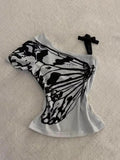 Tineit 2025 Summer Sexy One Shoulder Y2k Aesthetic T-Shirts Streetwear Vintage Gray Printing Slim Tshirts Harajuku Bottoming Crop Tops