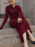 Tineit 2025 Fashion Burgundy Lapel Ruffles Knitted Midi Dress Women's Elegant Skinny Buttons Flare Sleeved Robe New Female Chic Vestido