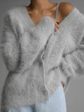 thanksgiving outfit Tineit Casual Solid Imitation Mink Cardigan Women Loose Knitted Plush V-neck Single-Button Sweaters Female Autumn Chic Street Tops