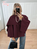 Tineit New Women's Burgundy Red Fashion Scarf Collar Coat 2024 Elegant Loose Long Sleeves Wool Blend Jacket Female Chic Fall Streetwear