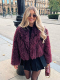 Tineit Women's Fashion Burgundy Faux Fur Cropped Coat Elegant Lapel Thick Warm Fluffy Furry Jackets Lady Chic Fall Winter Plush Outwear