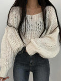 Tineit Cutout Lantern Sleeve Baggy Sweater