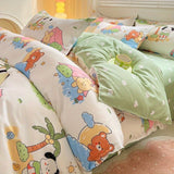 Tineit Cute Rabbit Carrot Bedding Set Soft Green Flat Sheet Quilt Cover Pillowcase Bed Linen Twin Queen Full Size Floral Duvet Cover