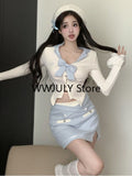 Tineit 2025 Autumn Kawaii Blue Suit Woman Japanese Style Y2k Crop Tops + Slim Bodycon Mini Skirt Party Lolita Fashion 2 Piece Set Chic