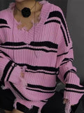 Tineit Striped V Neck Frayed Tassel Knit Sweater