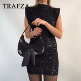 cold weather outfits Tineit 2024 Women Sequined Party Dress Shoulder Pad Sheath Mini Dress Sleeveless Nightclub Party Women Elegant Chic Dresses