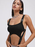 Tineit 2024 New Street Black Slim Cut Out Cyberpunk Bodysuit