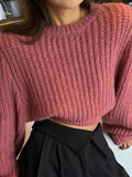 Tineit Solid Lantern Sleeve Short Knit Sweater